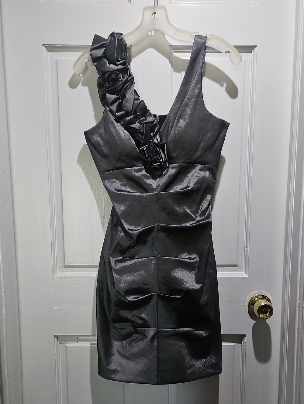 R&M Richards Metallic Gray One-Shoulder Rosette Satin Dress